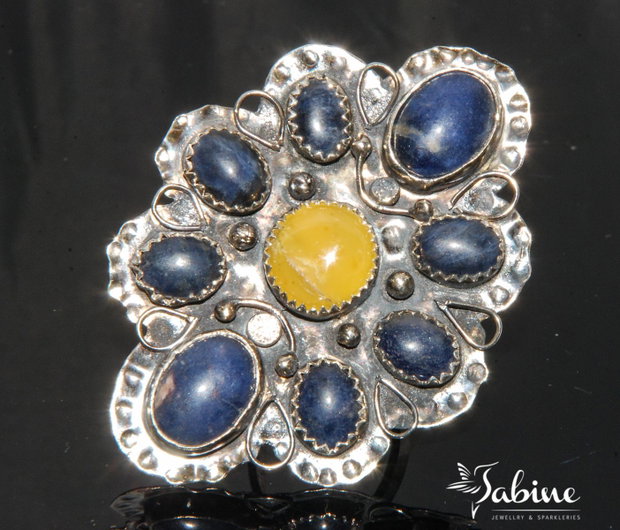 Inel reglabil argint 925 cu lapis lazuli şi opal galben