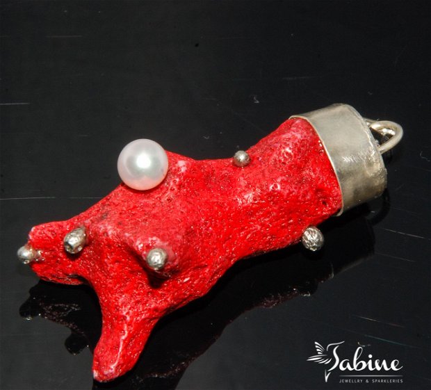 Colier argint 925 cu coral roşu şi perlă de cultură