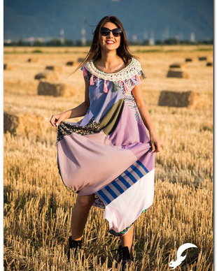 sac bun de zi cu zi , guler crosetat , ciucuri colorati