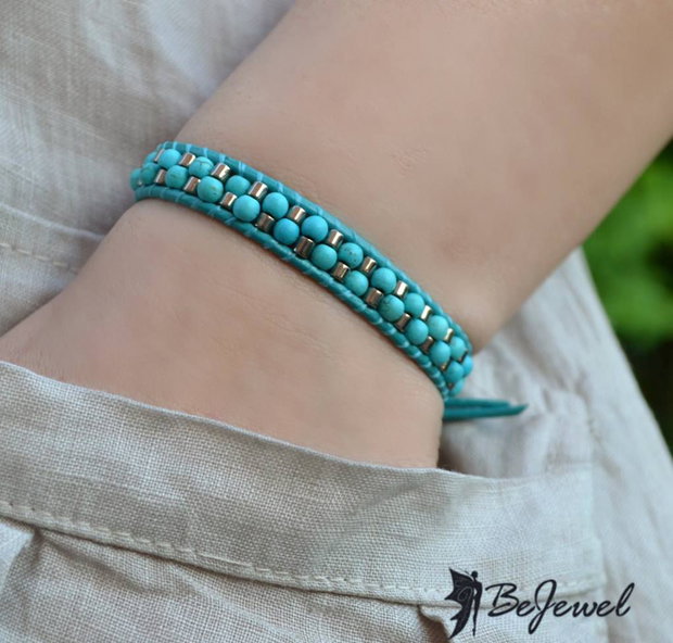 Bratara wrap cu snur de piele si pietre semipretioase ''Out of the blue''