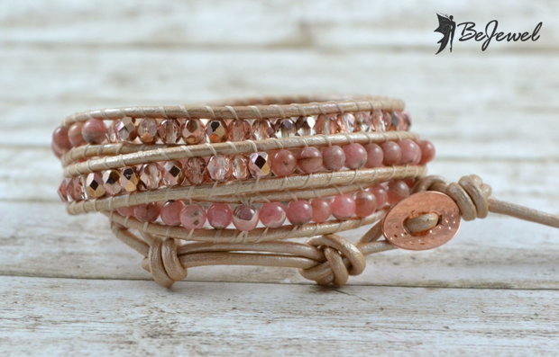 Bratara wrap cu snur de piele cristale si pietre semipretioase ''Life is peachy!''
