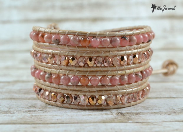 Bratara wrap cu snur de piele cristale si pietre semipretioase ''Life is peachy!''