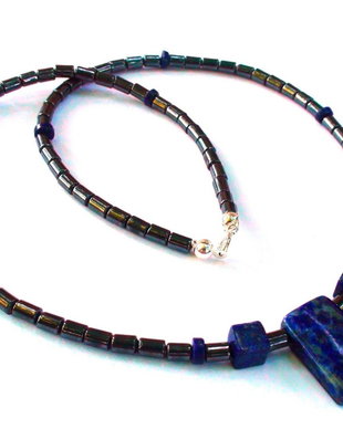 Colier barbati / unisex din Argint 925, Hematit gri metalic si Lapis lazuli albastru denim - CO300 - Choker elegant, colier casual, colier barbatesc