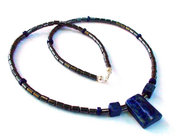 Colier barbati / unisex din Argint 925, Hematit gri metalic si Lapis lazuli albastru denim - CO300 - Choker elegant, colier casual, colier barbatesc