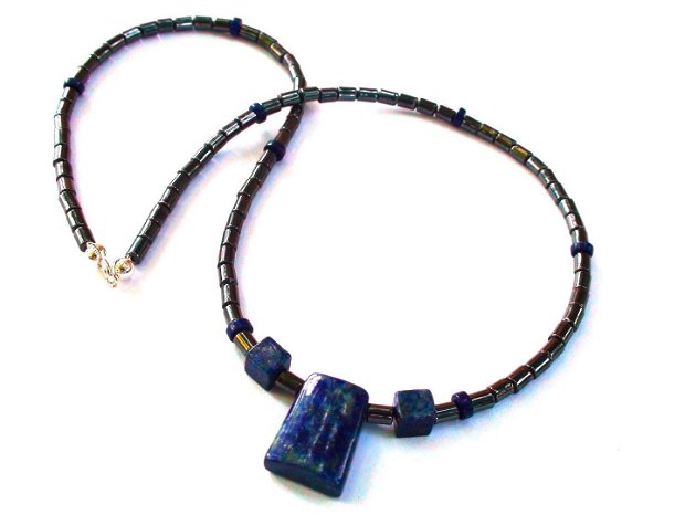 Colier barbati / unisex din Argint 925, Hematit gri metalic si Lapis lazuli albastru denim - CO300 - Choker elegant, colier casual, colier barbatesc