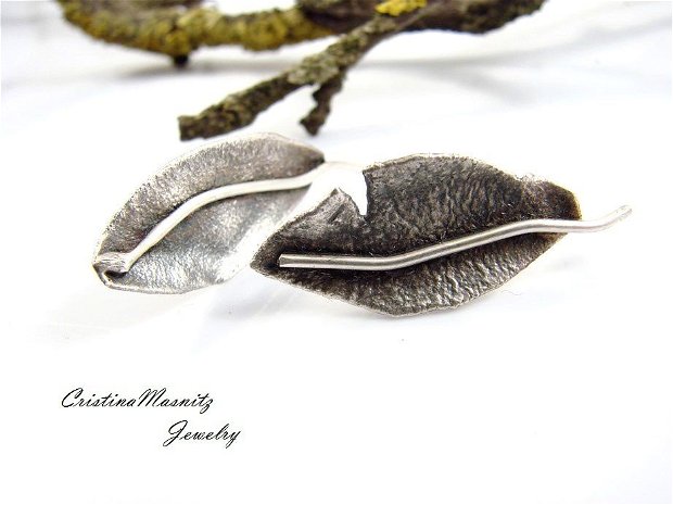 REZERVAT - Cercei frunza cu tija, din argint 925 reticulat si partial oxidat