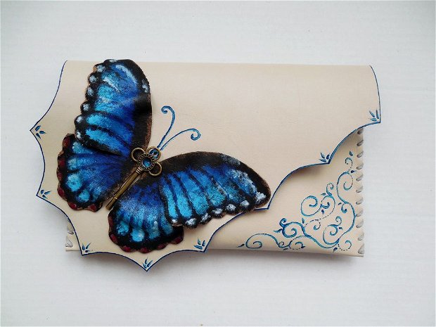 poseta plic handmade unicat din piele - Morpho Butterfly