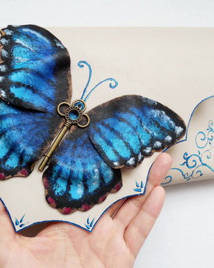 poseta plic handmade unicat din piele - Morpho Butterfly