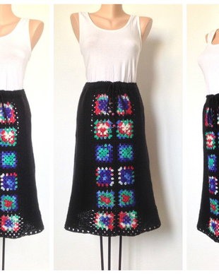 Fusta etno stilizata tricotata crosetata boho bohemian negru colorat