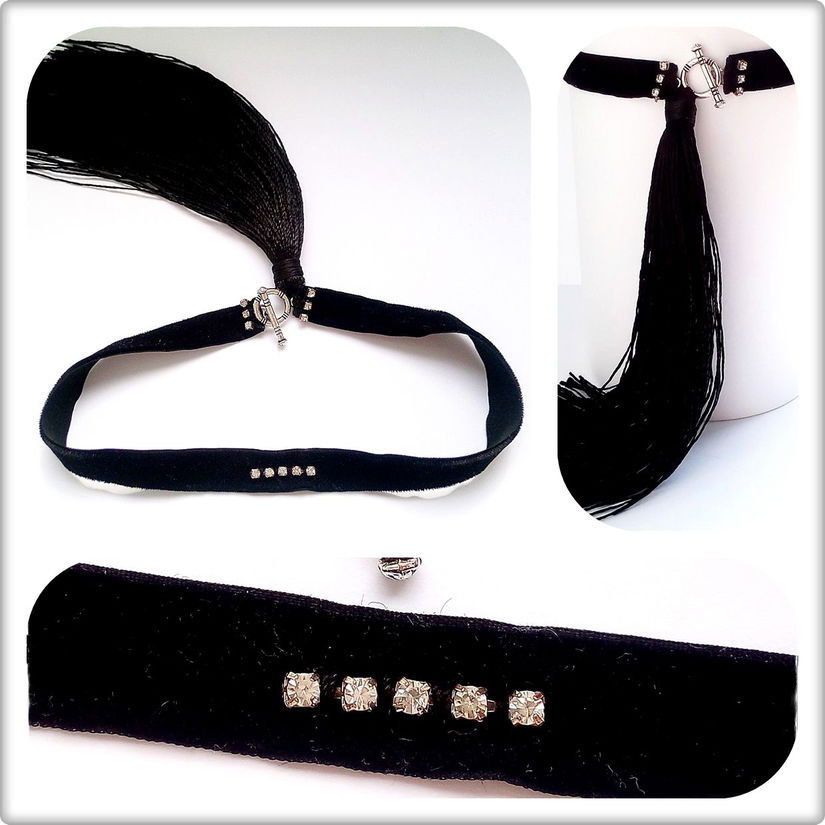 Choker din catifea si cristale cu ciucure lung la inchizatoare