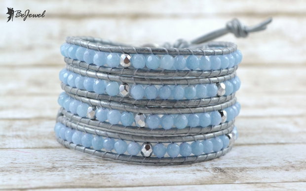 Bratara wrap cu snur de piele si angelit ''Baby blue''