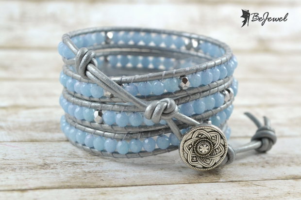 Bratara wrap cu snur de piele si angelit ''Baby blue''