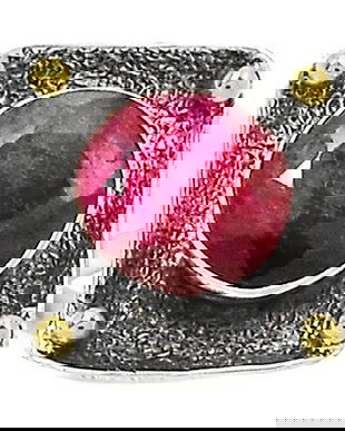 Ag351 - Inel, argint 925, partial placat cu aur, radacina de rubin fatetat, patrat