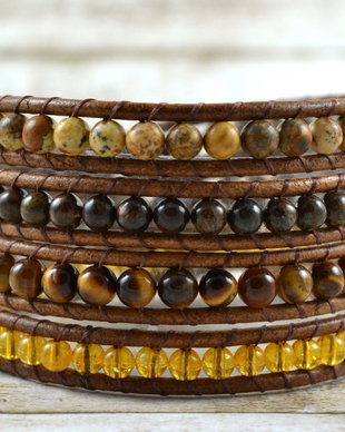 Bratara wrap cu snur de piele si pietre semipretioase ''Golden Ray''