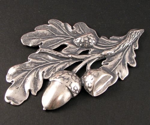 9061 - Element decorativ, alama placata cu argint, aspect vintage, crenguta, frunze, ghinde
