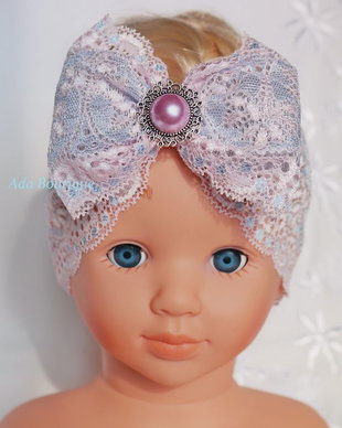Bentita  botez eleganta din dantela roz-bleu cu perla