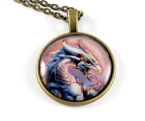 9097 - Pandantiv medalion, colier, print dragon, cabochon sticla, lantisor, steampunk