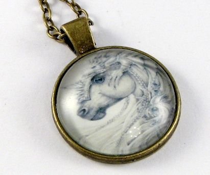 9098 - Pandantiv medalion, colier, print unicorn si dragon, cabochon sticla, lantisor, steampunk