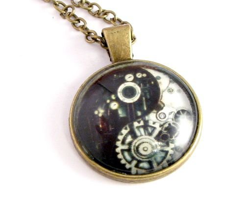 8055 - Pandantiv medalion, colier, print yin yang, cabochon sticla, lantisor, steampunk