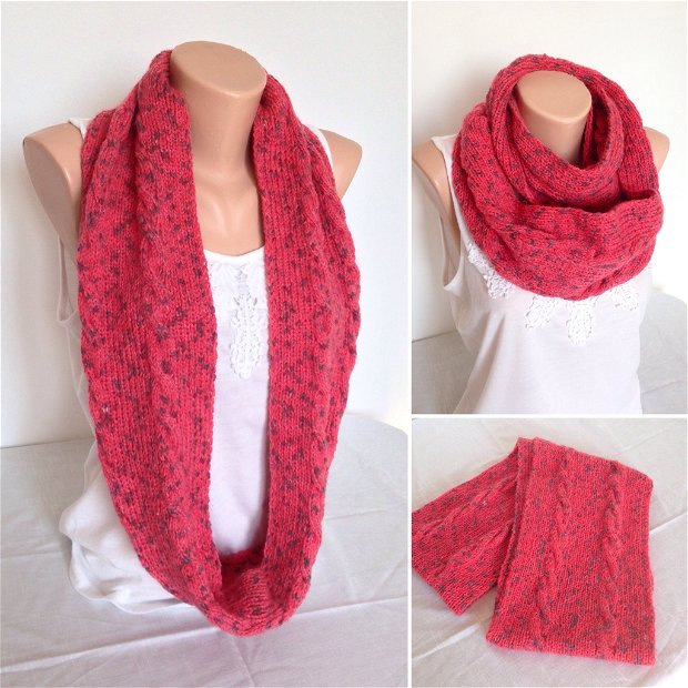 Fular si caciula tricotat coral roz rosu accesorii iarna