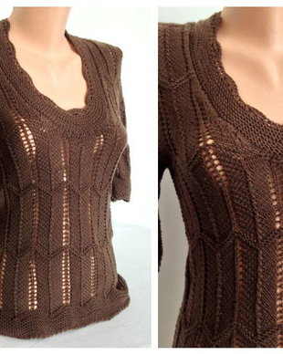 Rezervat Bluza pulover maro ciocolatiu tricotat dantelat merino lana