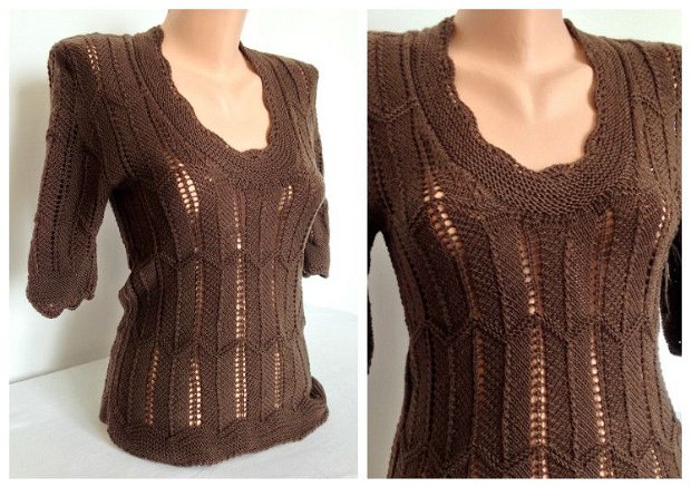 Rezervat Bluza pulover maro ciocolatiu tricotat dantelat merino lana