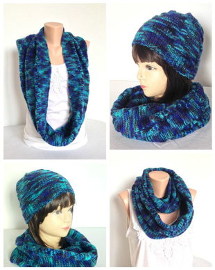 Fular si Caciula albastru tricotata manual fular circular infinity beanie