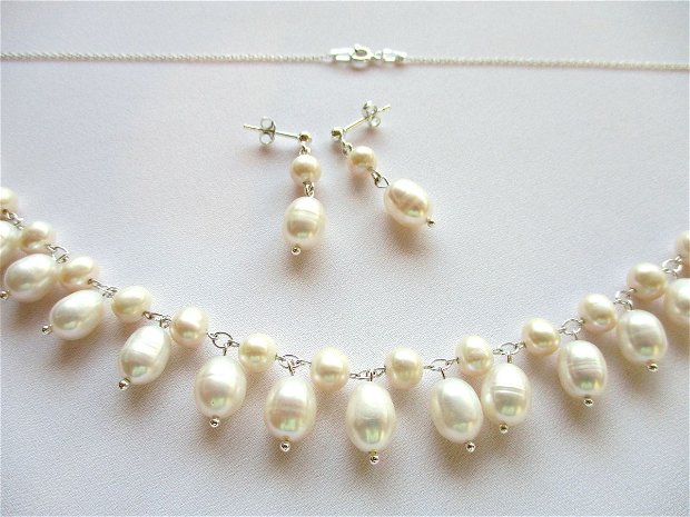 Set colier si cercei argint si perle de cultura alb-ivoire "Salba de picaturi" - bijuterii ocazie, nunti, mirese