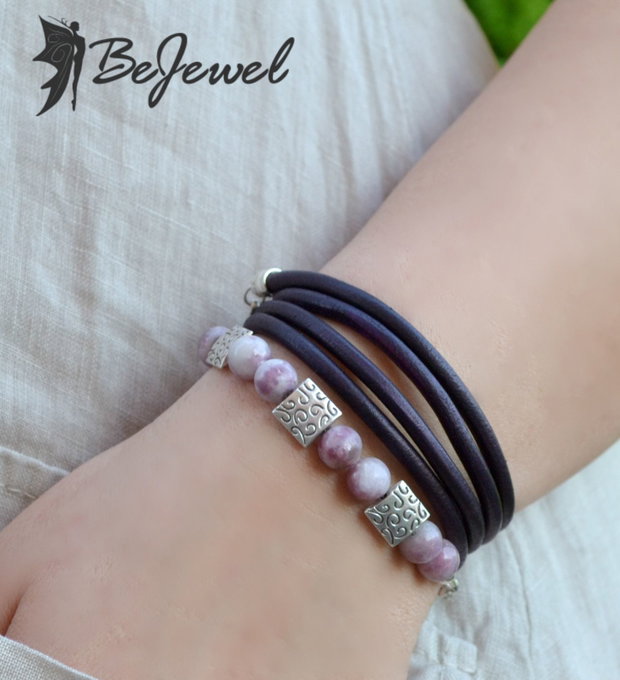 Bratara Wrap din snur de piele si pietre semipretioase ''Mauve''