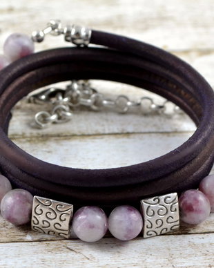 Bratara Wrap din snur de piele si pietre semipretioase ''Mauve''