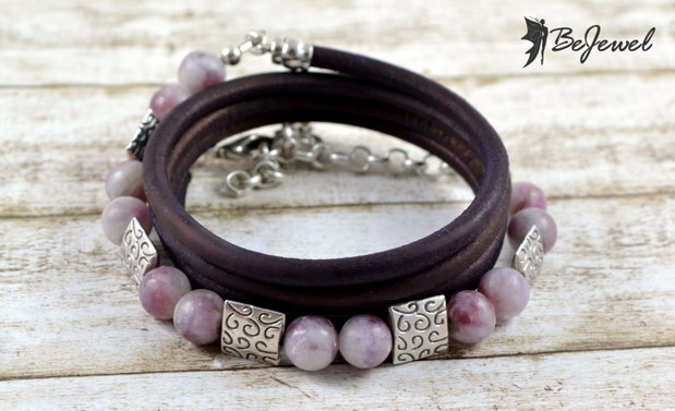 Bratara Wrap din snur de piele si pietre semipretioase ''Mauve''