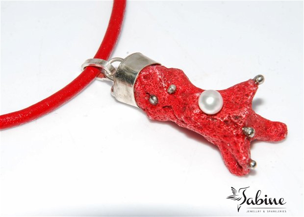 Colier argint 925 cu coral roşu şi perlă de cultură