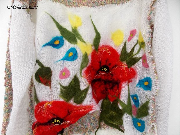 Bluza crosetata cu flori impaslite pe plasa mohair - Maci si ...vara - VANDUT