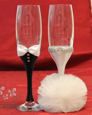 Pahare miri decorate mire mireasa, Pahare nunta mire si mireasa, Pahare miri cu tulle, Pahare mire si mireasa