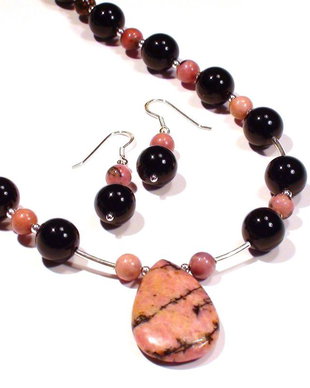 Colier si cercei din Argint 925, Rodonit si Onix negru - CO058, CE058 - Colier elegant, cadou romantic, colier roz negru