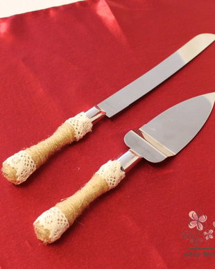 Set tort rustic dantela, Set cutit si paleta traditional pentru tort, Set nunta cutit si paleta rustic iuta dantela