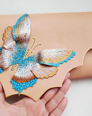 poseta plic handmade unicat din piele - Blue Turquoise Butterfly