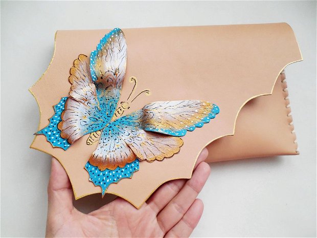 poseta plic handmade unicat din piele - Blue Turquoise Butterfly