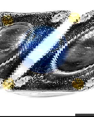 Ag391 - Inel, argint 925, partial placat cu aur, kianit, patrat