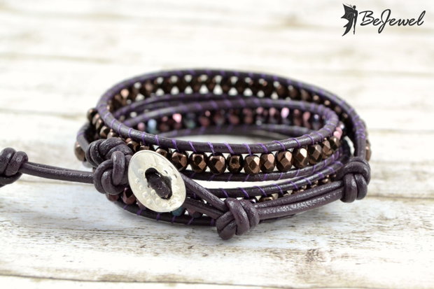 Bratara wrap cu snur de piele si cristale Cehia ''Plum''