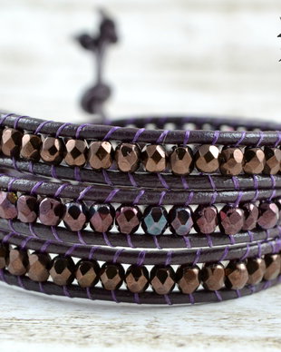 Bratara wrap cu snur de piele si cristale Cehia ''Plum''