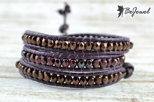 Bratara wrap cu snur de piele si cristale Cehia ''Plum''