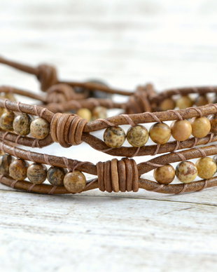 Bratara wrap barbateasca cu snur de piele si jasp - Knots