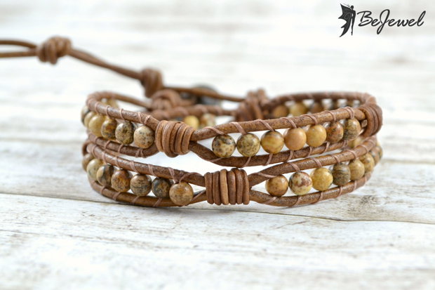 Bratara wrap barbateasca cu snur de piele si jasp - Knots