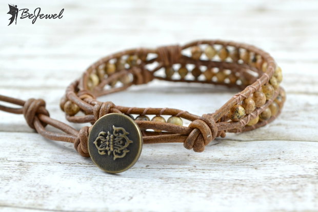 Bratara wrap barbateasca cu snur de piele si jasp - Knots