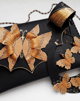 poseta plic handmade unicat din piele - Golden Butterfly