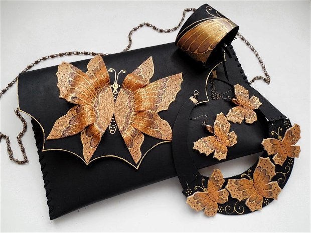 poseta plic handmade unicat din piele - Golden Butterfly