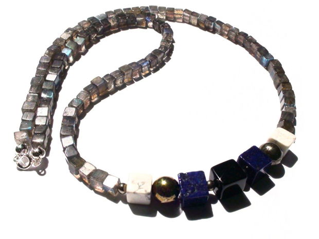 Colier barbati / unisex din Argint 925, Labradorit, Howlite, Lapis lazuli, Onix si Pirita - CO281 - Choker elegant, colier casual, colier barbatesc