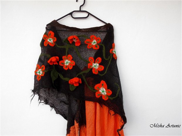 Sal din tricot cu flori orange impaslite - rezervat