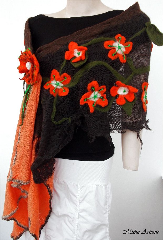 Sal din tricot cu flori orange impaslite - rezervat